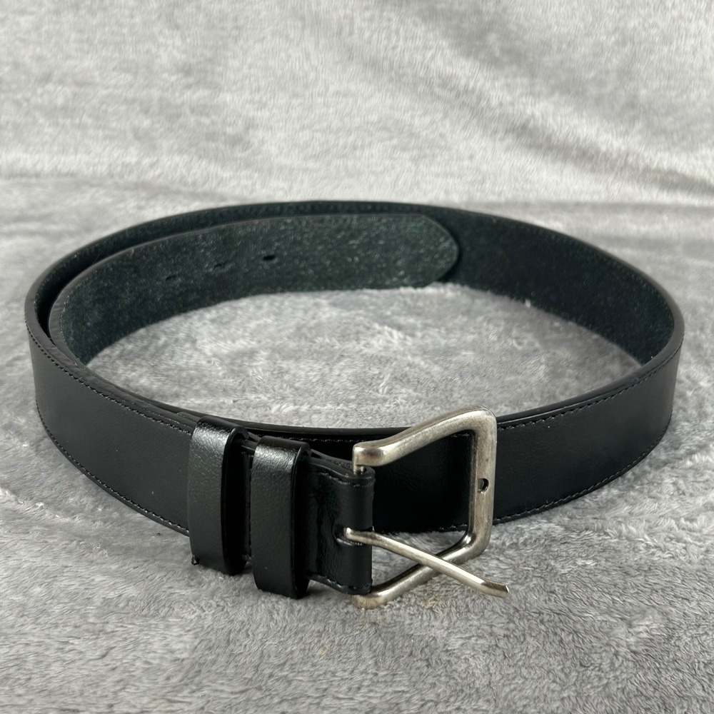Womens Black Vegan Leather Belt Silver Tone Buckle Size Large